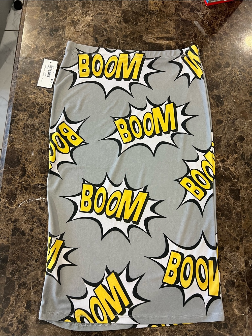 Graphic 'BOOM' Print Pencil Skirt in Grey and Yellow